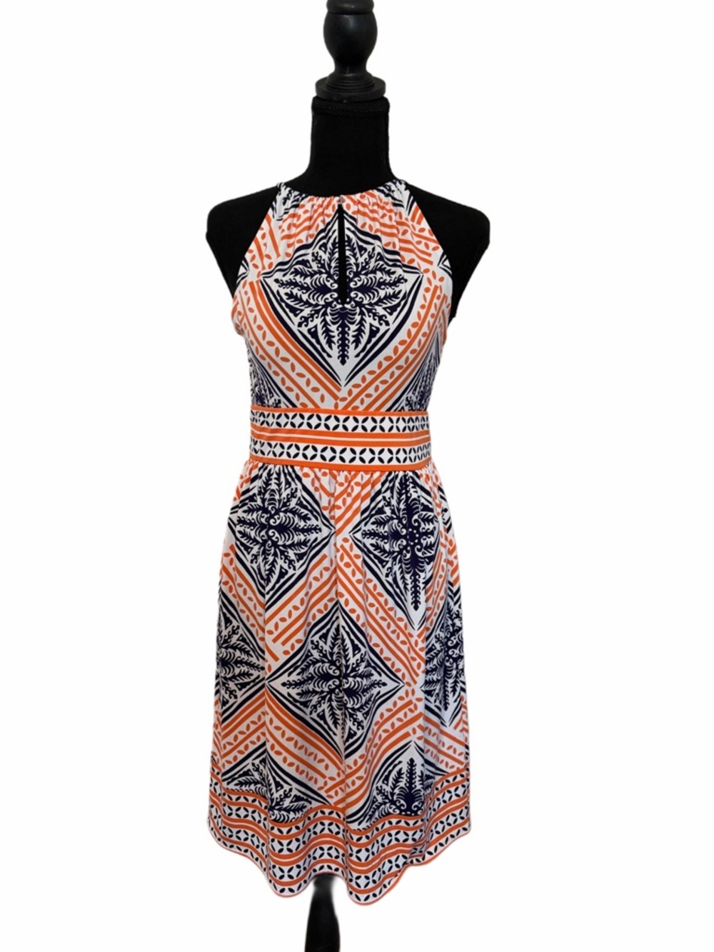 London Times Orange, Navy & White Halter Midi Dress